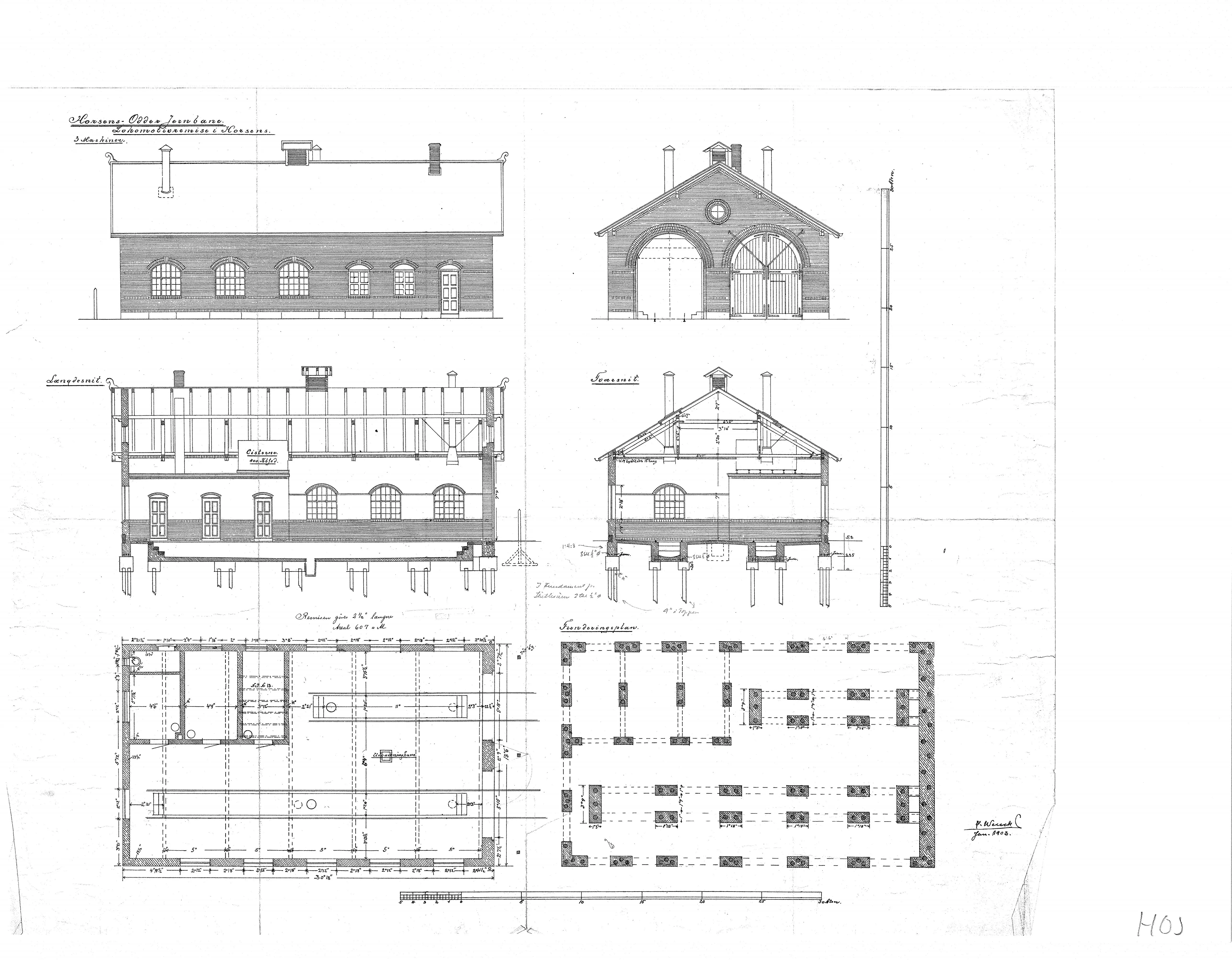 Tegning af Horsens (HOJ) Godsstations remise.