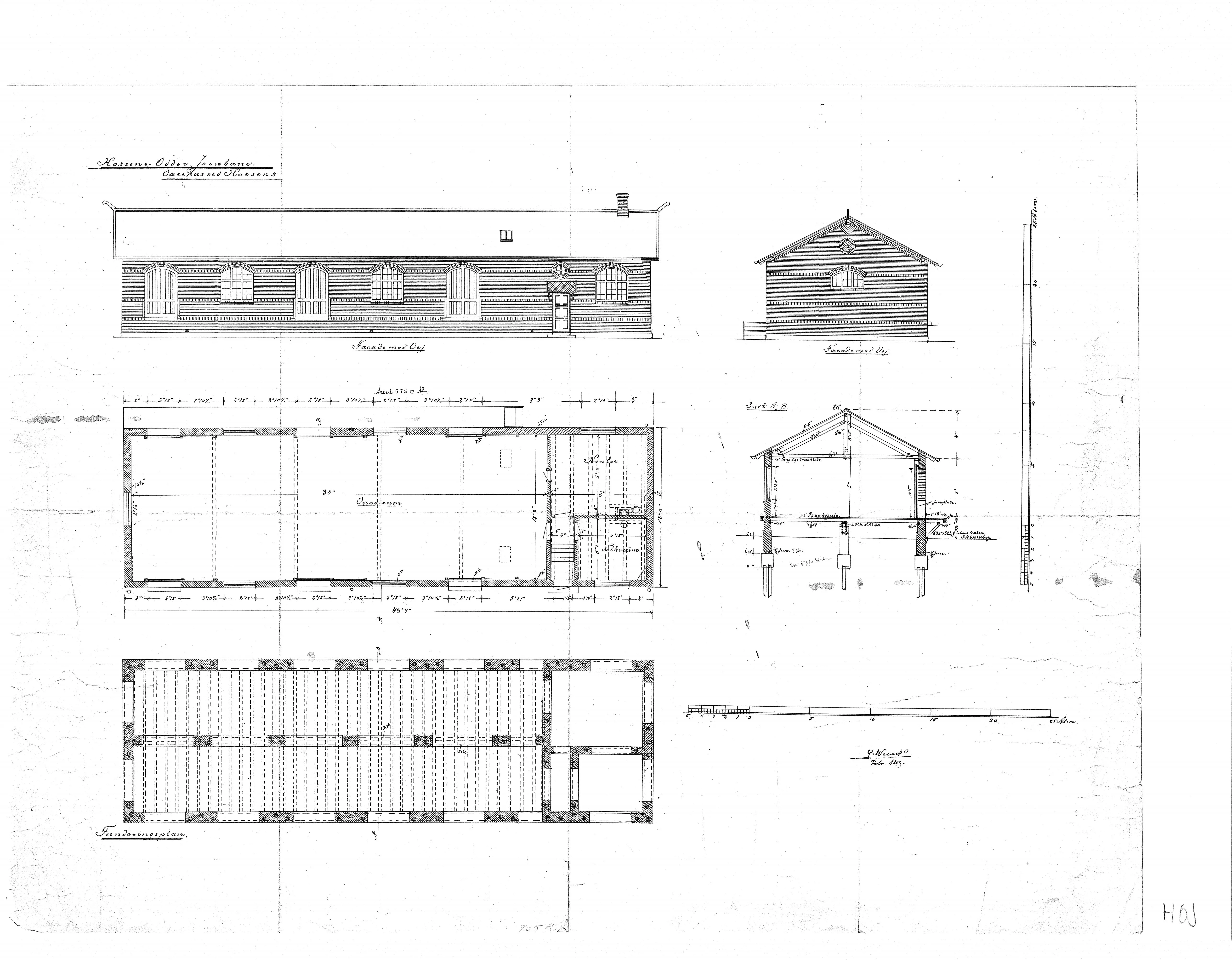 Tegning af Horsens (HOJ) Godsstations varehus.