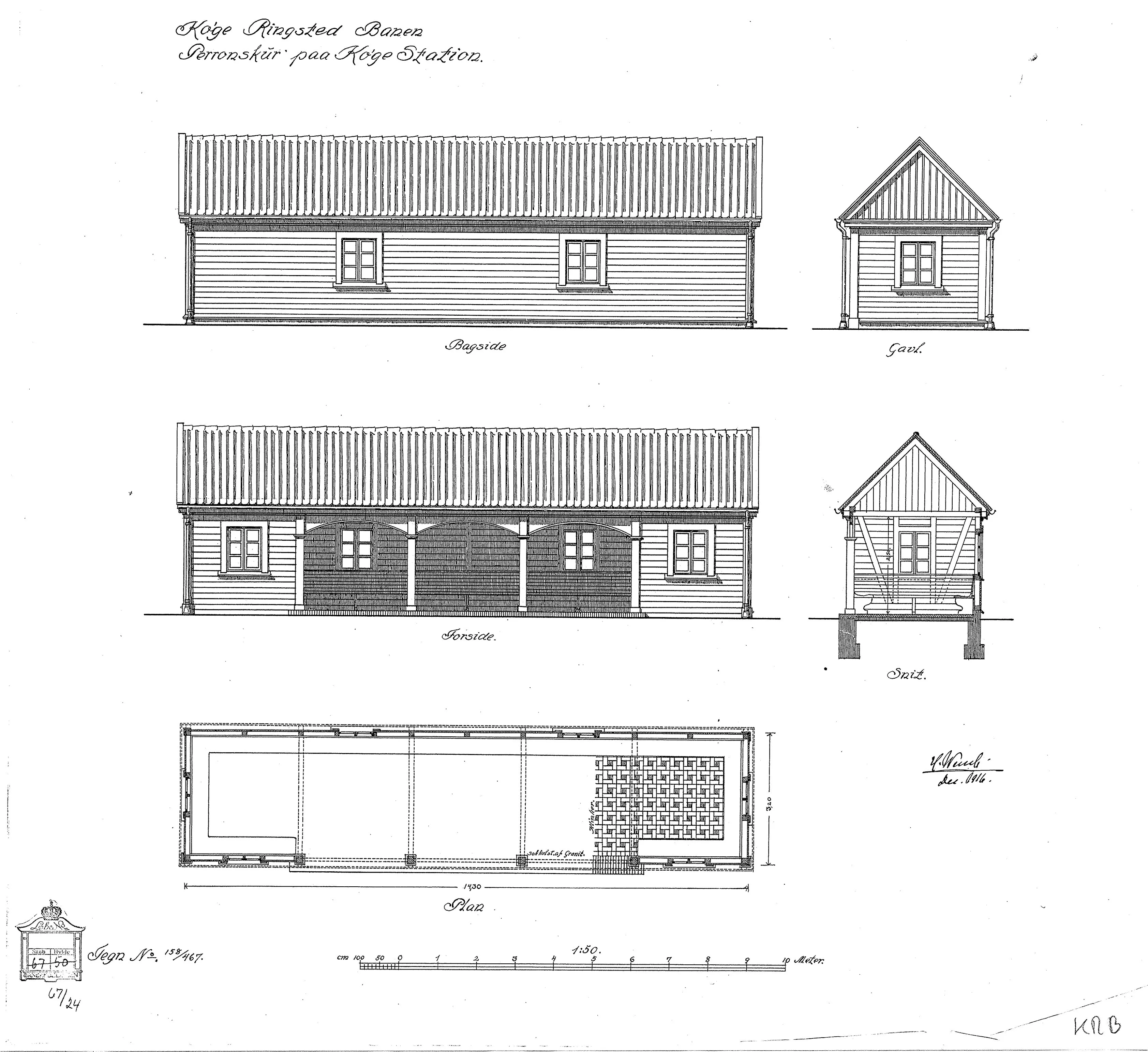 Tegning af Perronskur ved Køge Vest Station. Tegning af Perronskur ved Køge Vest Station.