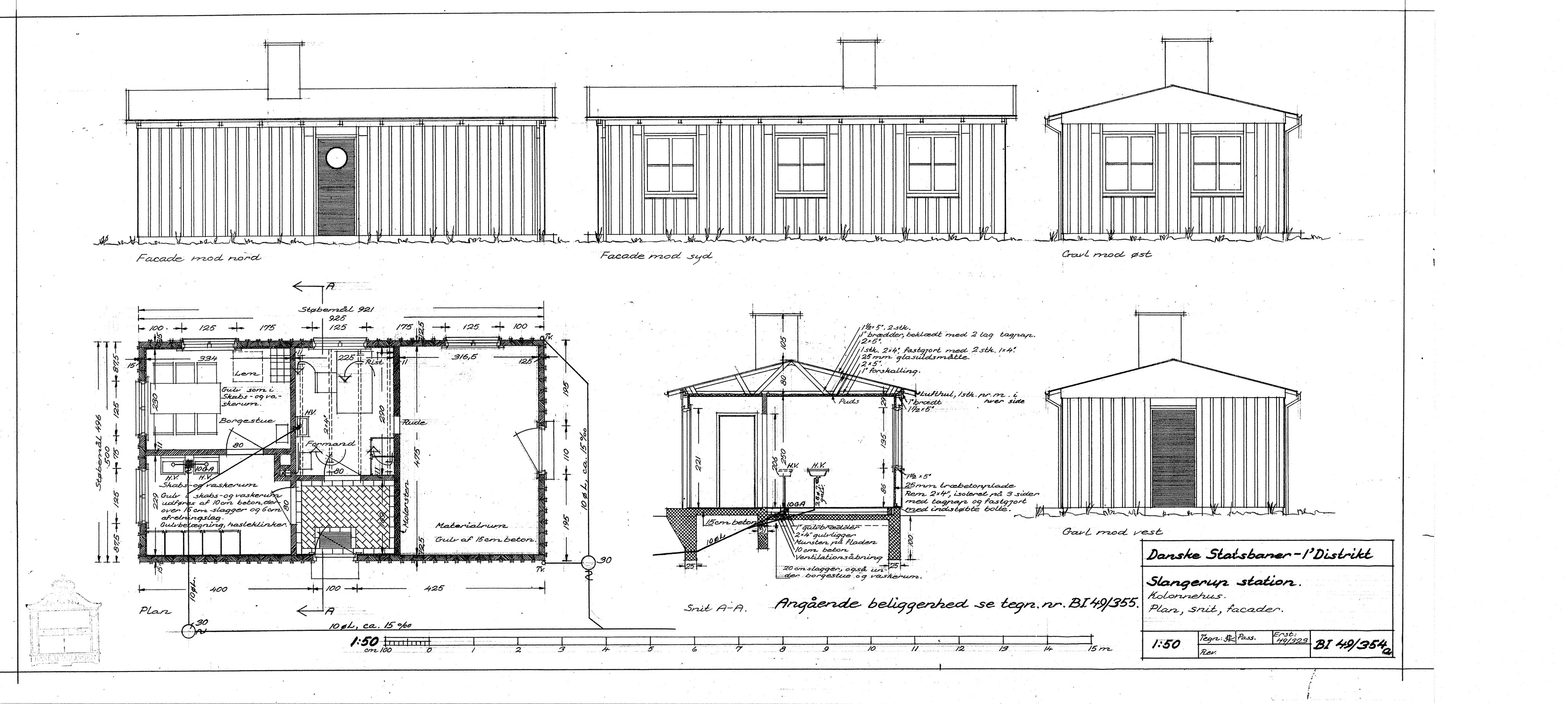 Tegning af Kolonnehus ved Slangerup Station.