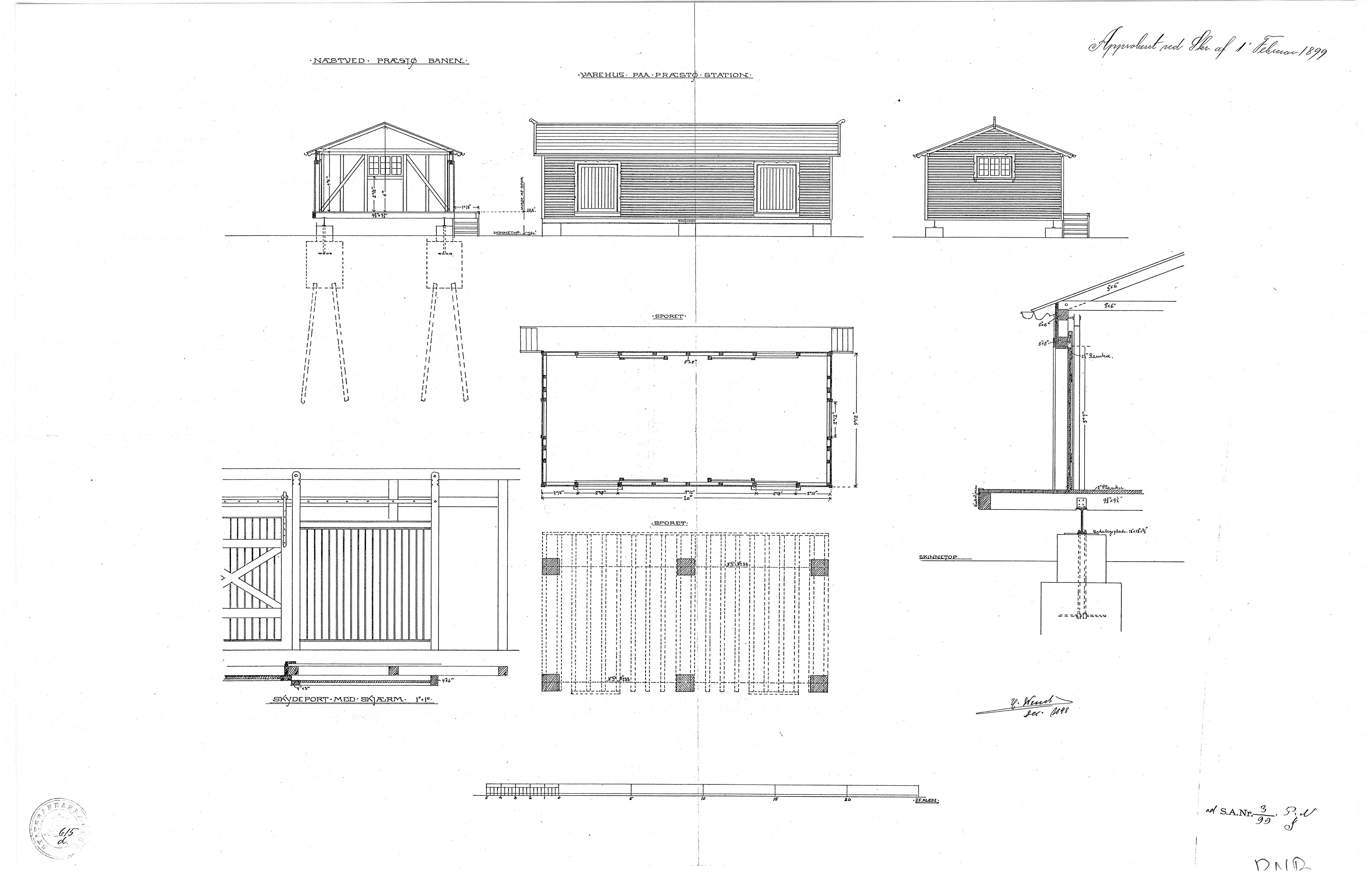 Tegning af Præstø Stations varehus. Tegning af Præstø Stations varehus.