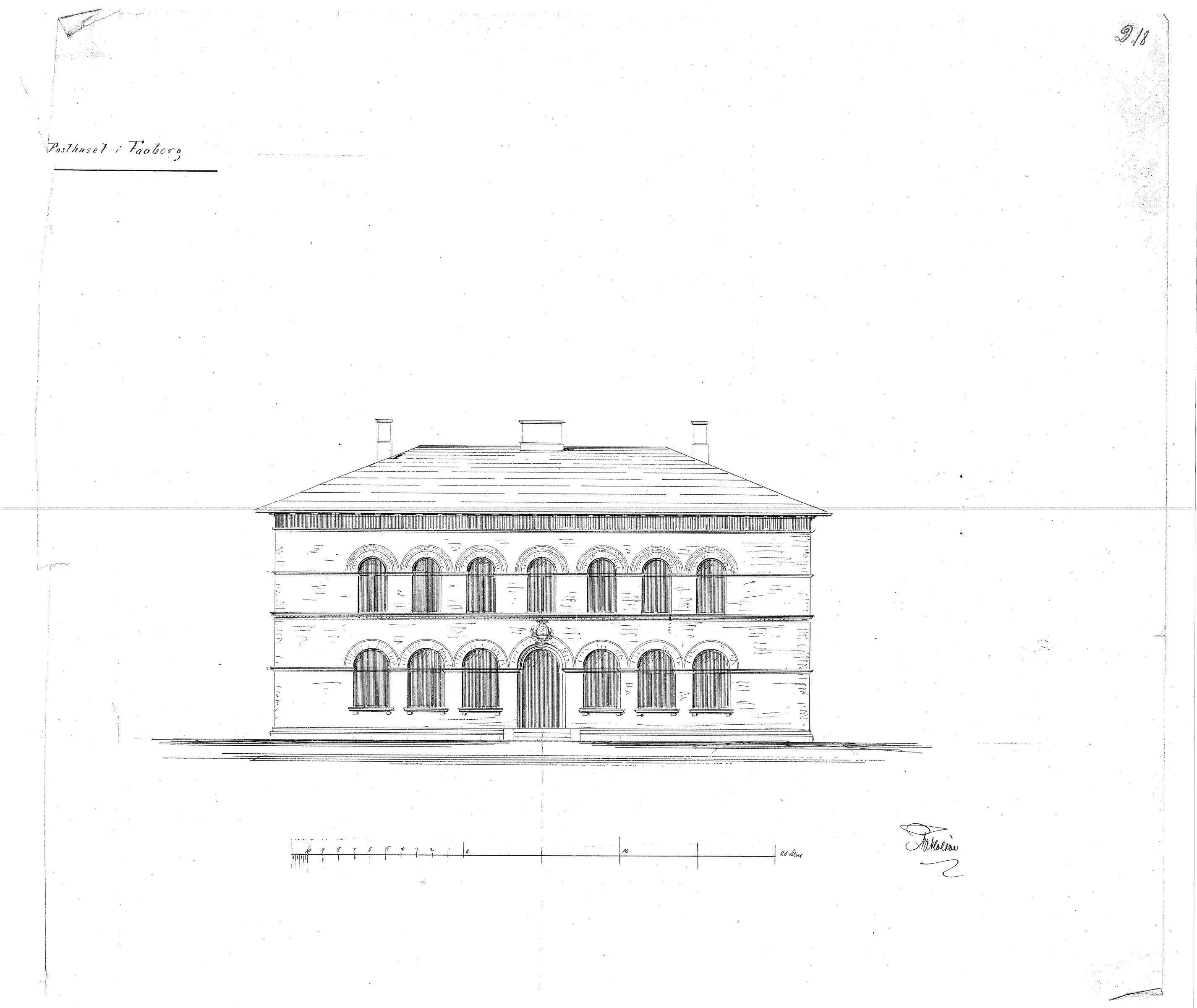 Tegning af Posthus ved Faaborg Station.