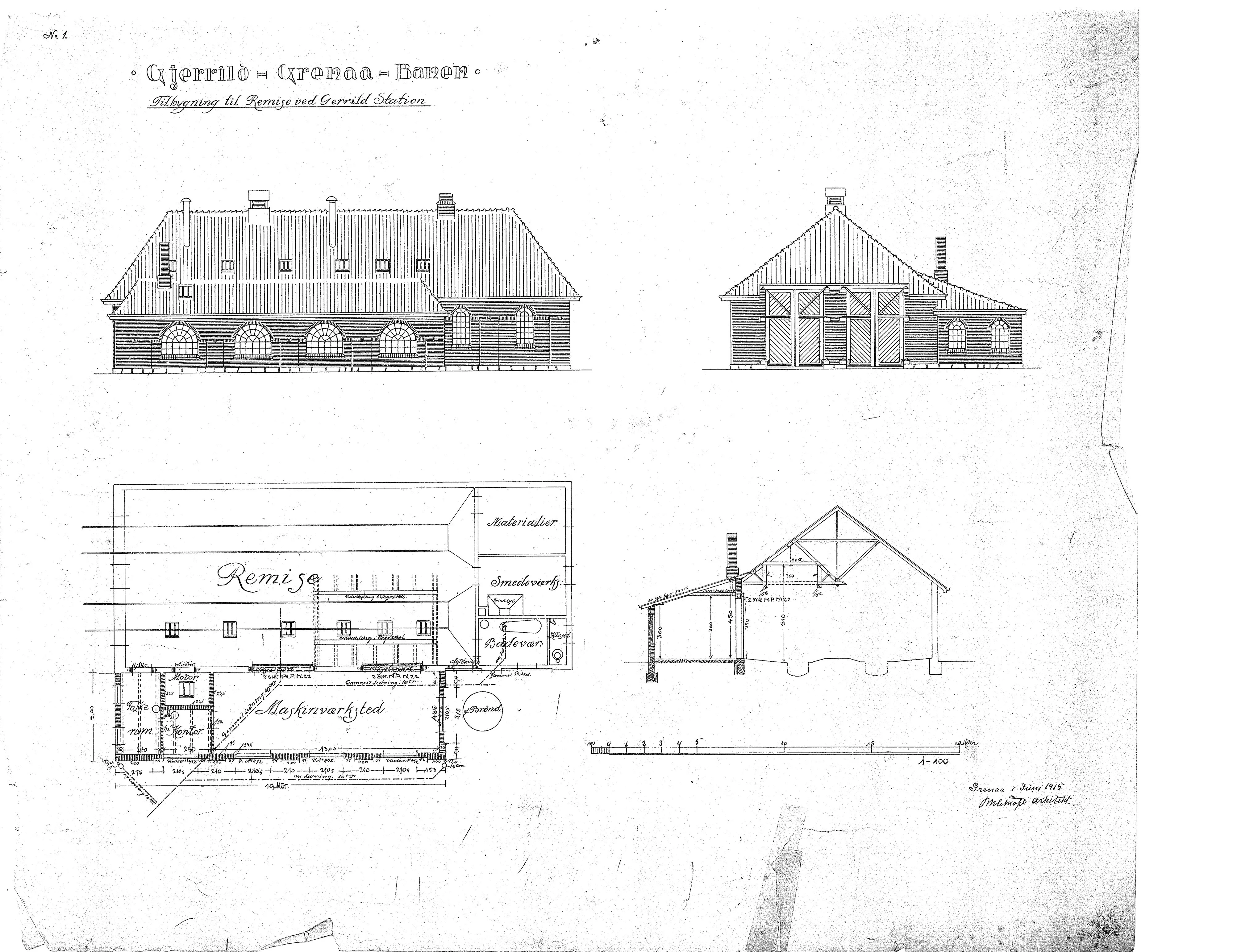Tegning af Tilbygning til remise ved Gjerrild Station. Tegning af Tilbygning til remise ved Gjerrild Station.