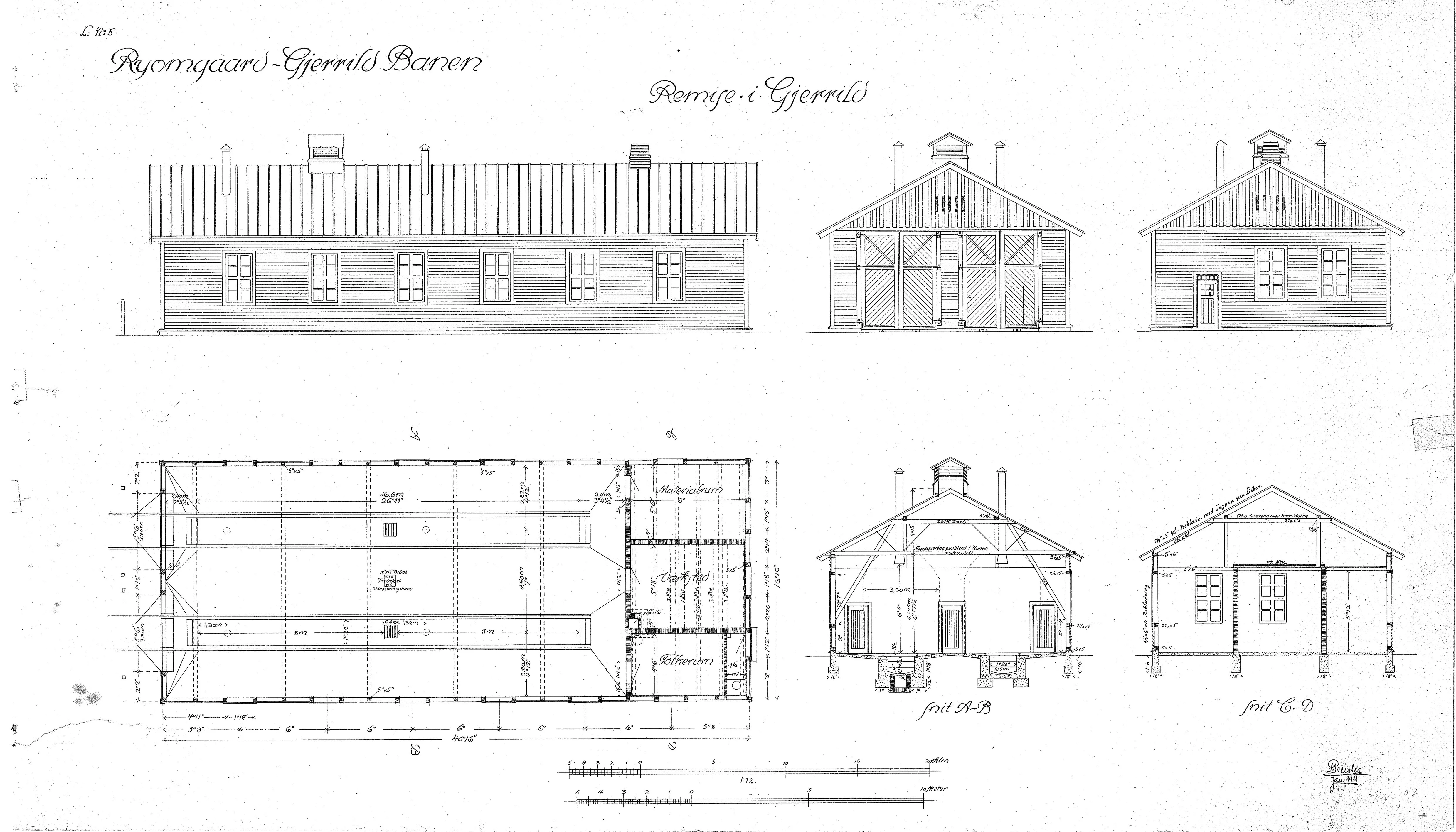 Tegning af Gjerrild Stations remise.