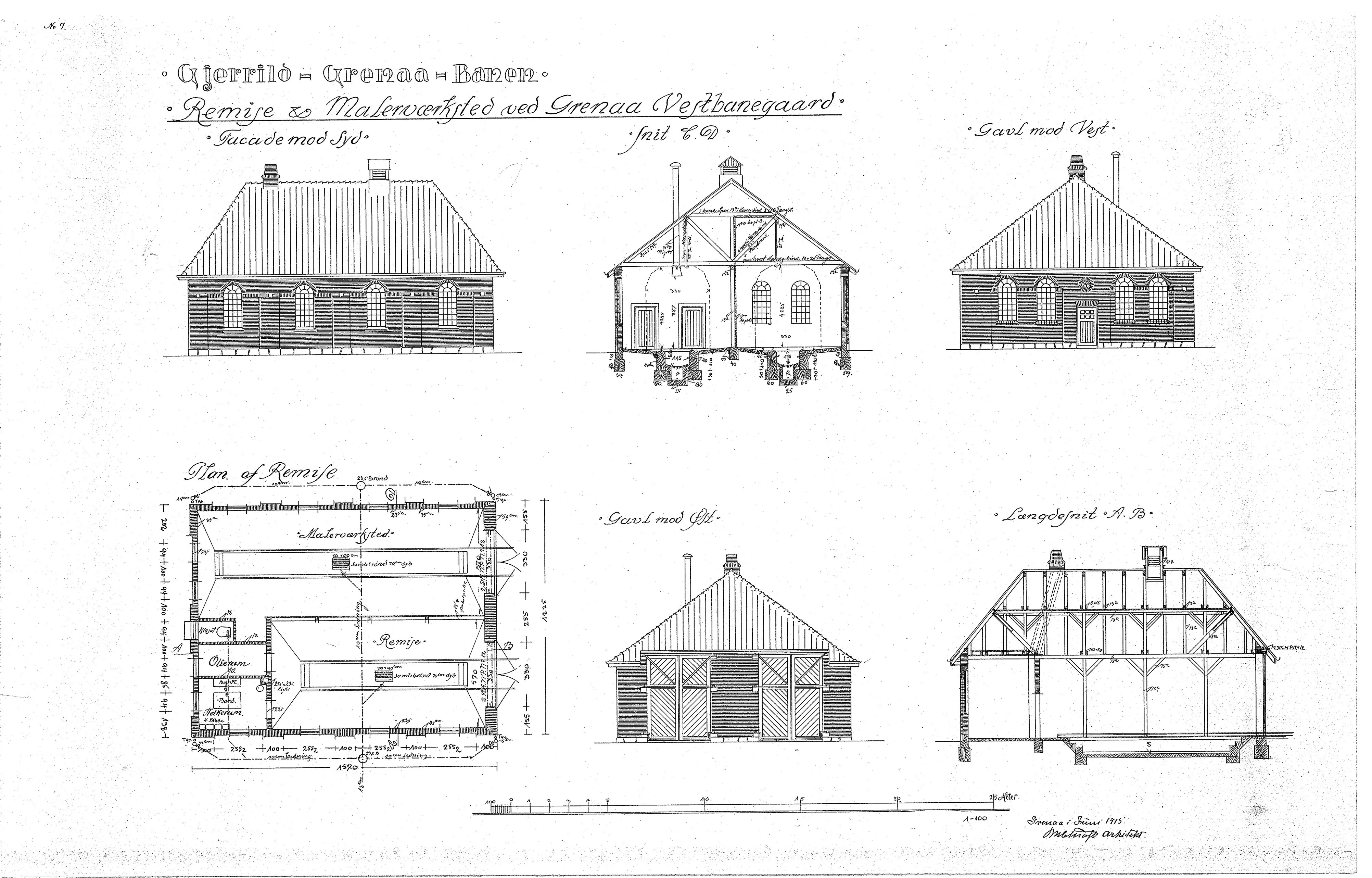 Tegning af Remise og malerværksted ved Grenaa Vestbanegård.