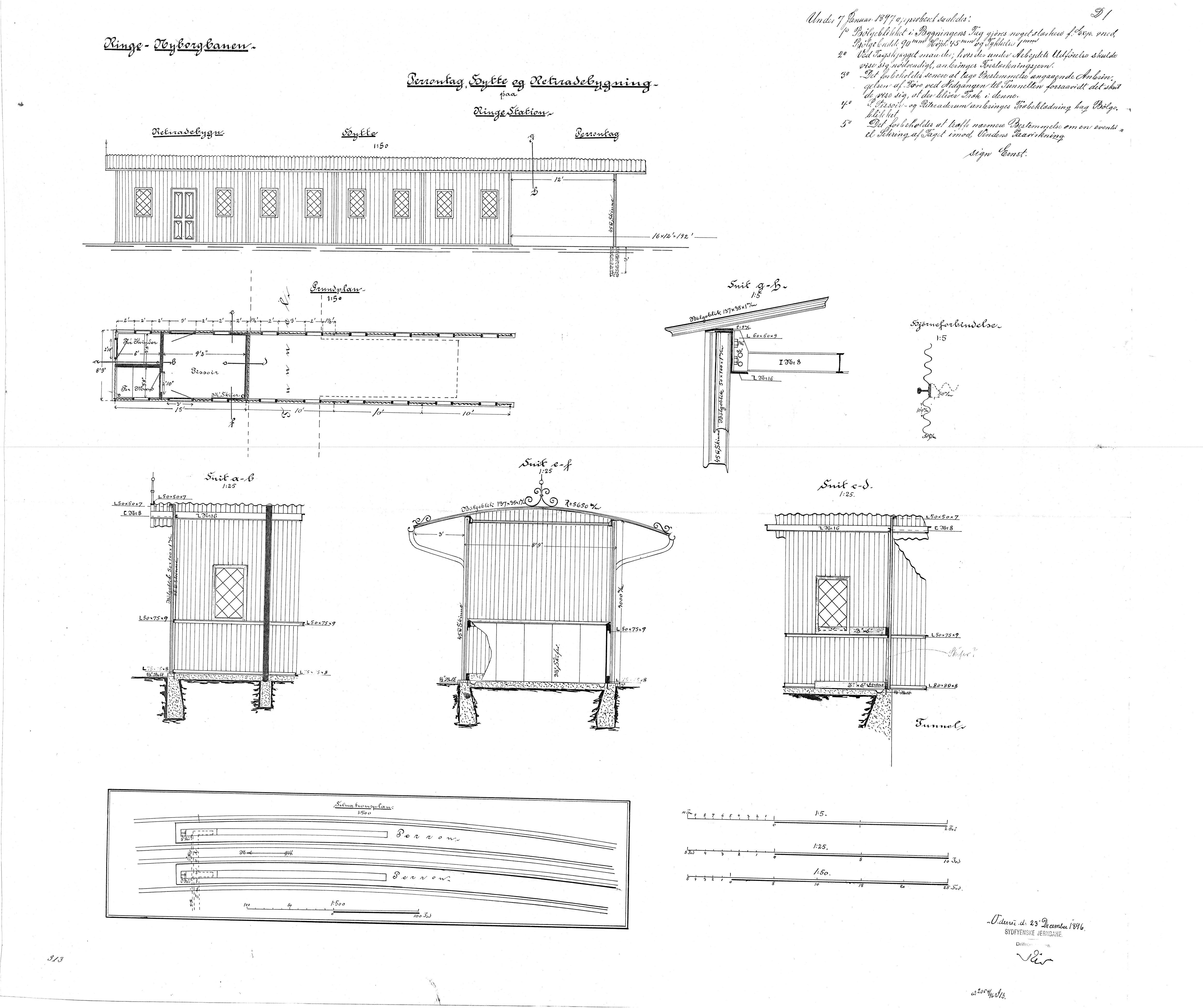 Tegning af Perrontag, hytte og retiradebygning ved Ringe Station.