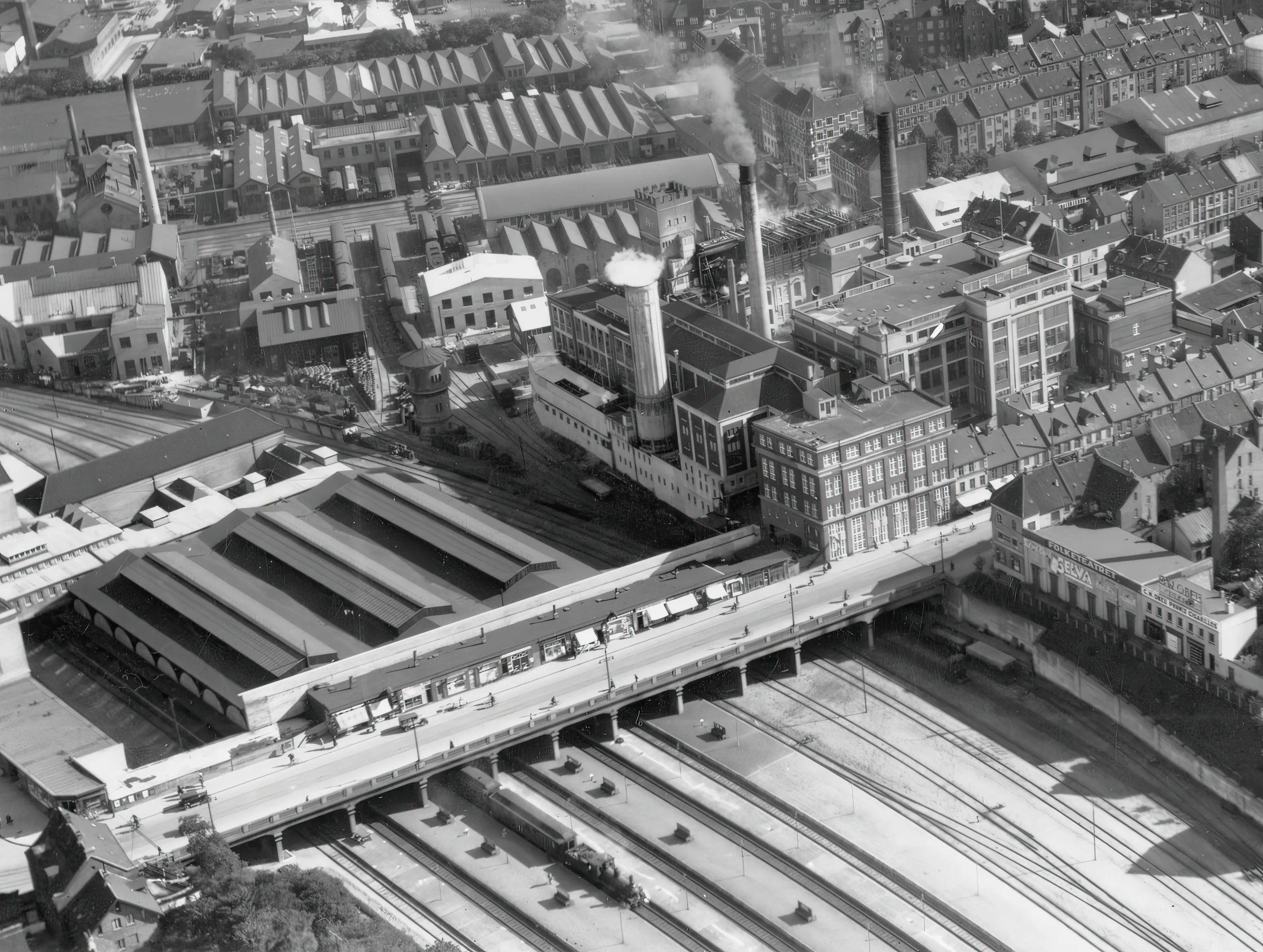 Billede af Aarhus Hovedbanegård med central værkstedet bag ved perronhallerne. Billede af Aarhus Hovedbanegård med central værkstedet bag ved perronhallerne.