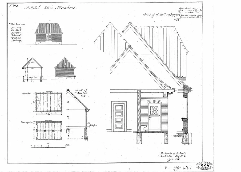 Tegning af Nørre Bork Varehus og snit af stationsbygning Sign.: A. Preisler og E. Ambt.
