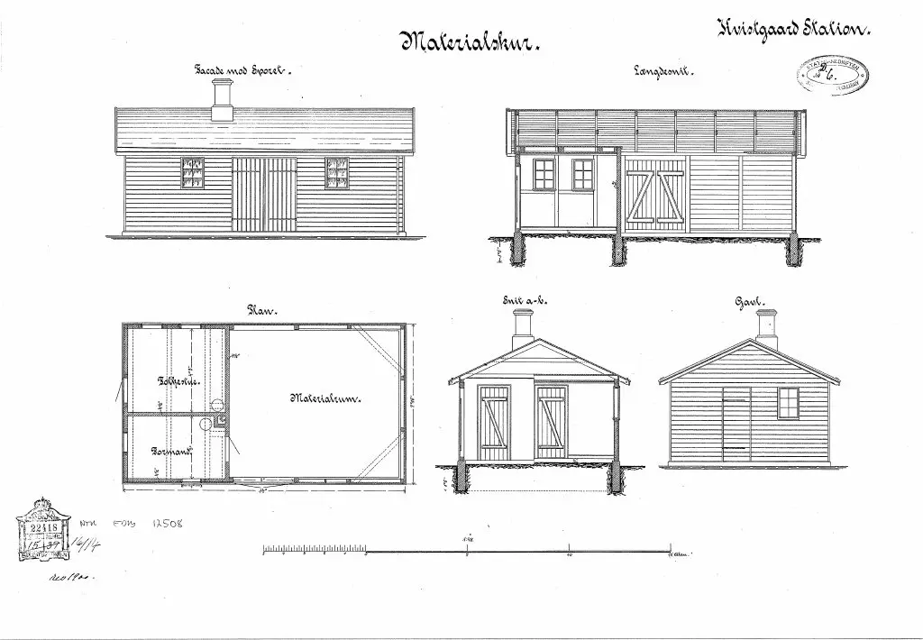 Tegning af Kvistgård Stations Materialskur. Tegning af Kvistgård Stations Materialskur.